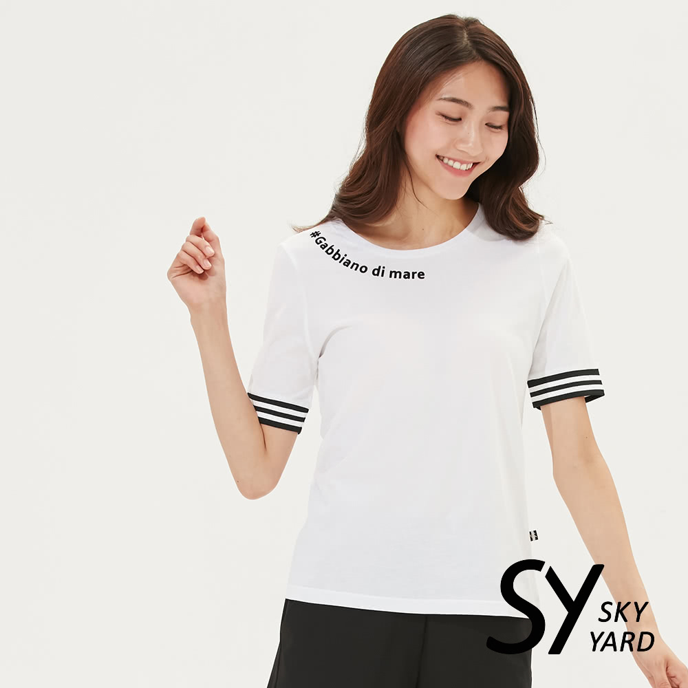 SKY YARD 字母繡花拼接條紋袖口造型T恤(白色)好評推