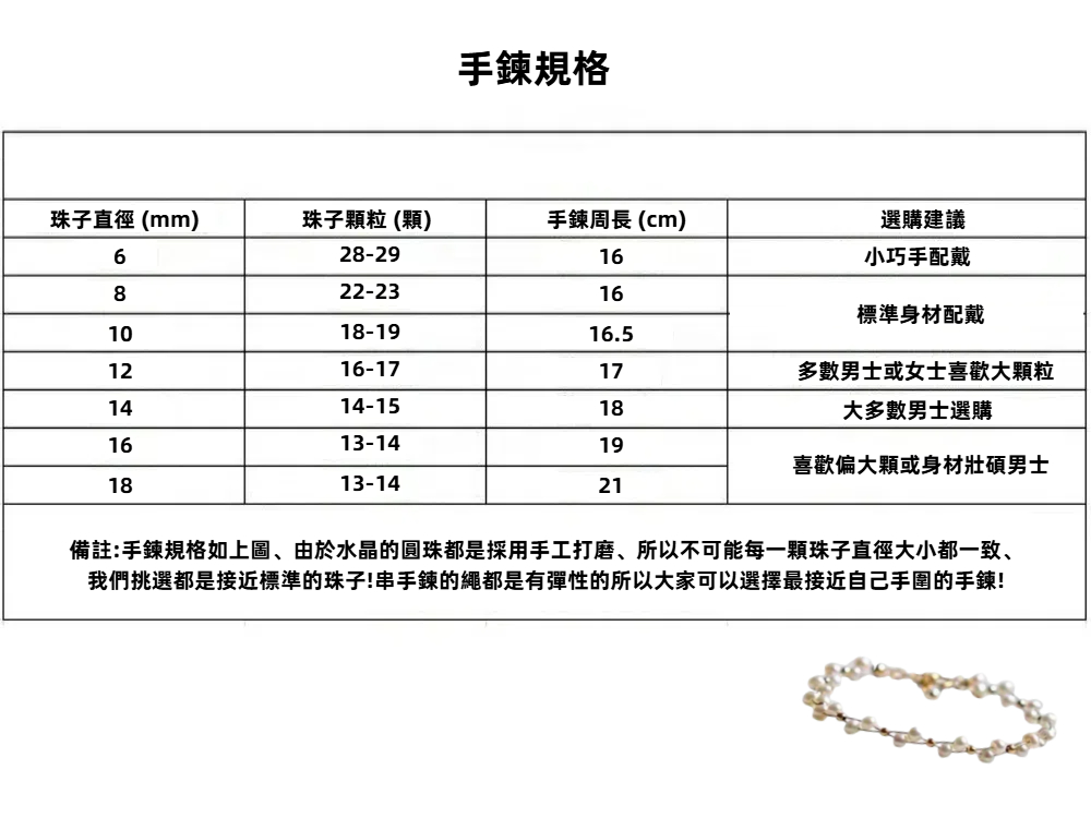 備註手鍊規格如上圖、由於水晶的圓珠都是採用手工打磨、所以不可能每一顆珠子直徑大小都一致、