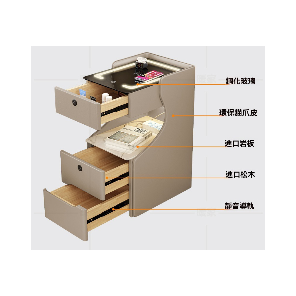 鋼化玻璃 環保貓爪皮 進口岩板 進口松木 靜音導軌 
