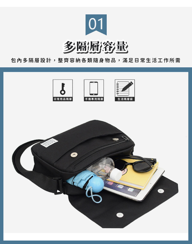 多隔層容量 包內多隔層設計,整齊容納各類隨身物品,滿足日常生活工作所需 日常用品隔層 手機專用隔層 生活隔層袋 