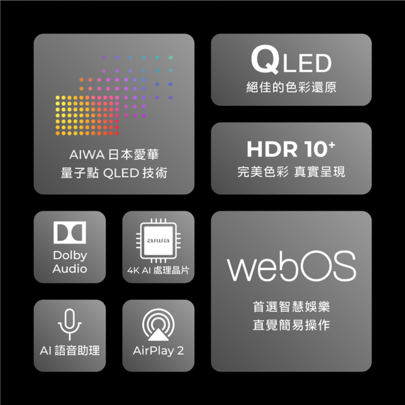 AIWA 日本愛華QLED絕佳的色彩還原HDR 量子點 QLED 技術完美色彩 真實呈現DolbyAudioаша4K AI 處理晶片首選智慧娛樂直覺簡易操作AI 語音助理AirPlay 2