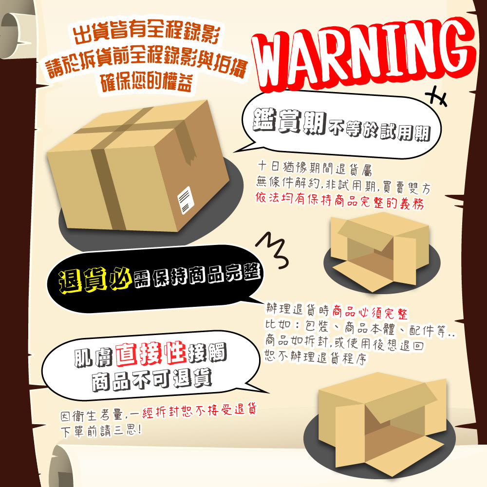 請於拆貨前全程錄影與拍攝 WARNING