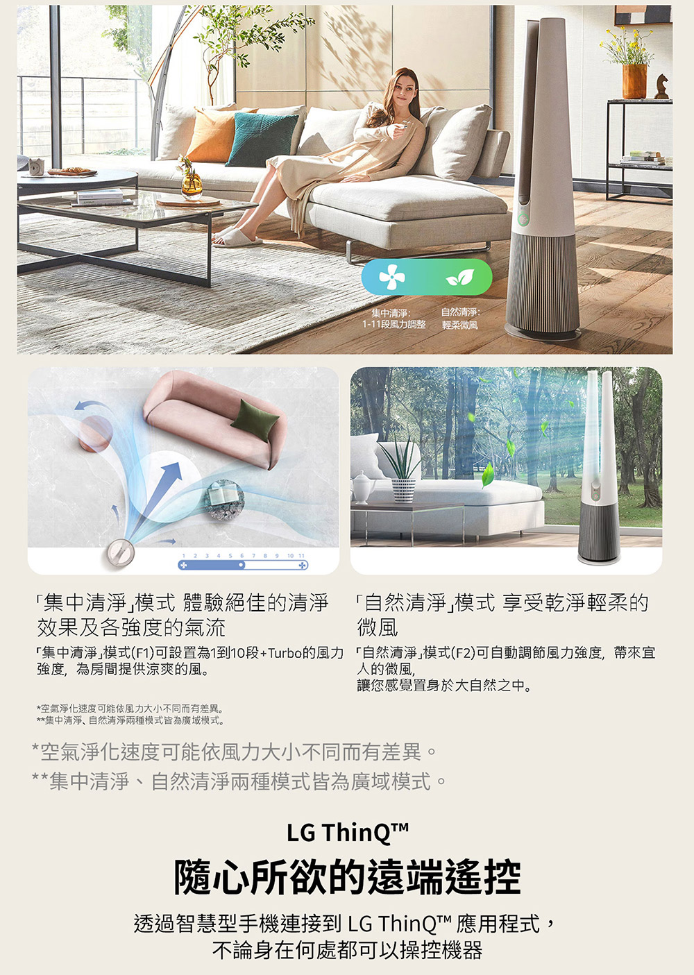 集中清淨模式F1可設置為1到10段Turbo的風力自然清淨模式F2可自動調節風力強度,帶來宜