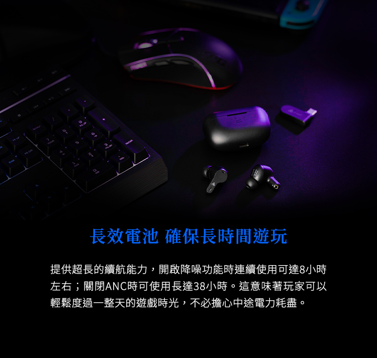 長效電池 確保長時間遊玩 提供超長的續航能力,開啟降噪功能時連續使用可達8小時 左右關閉ANC時可使用長達38小時。這意味著玩家可以 輕鬆度過一整天的遊戲時光,不必擔心中途電力耗盡。 
