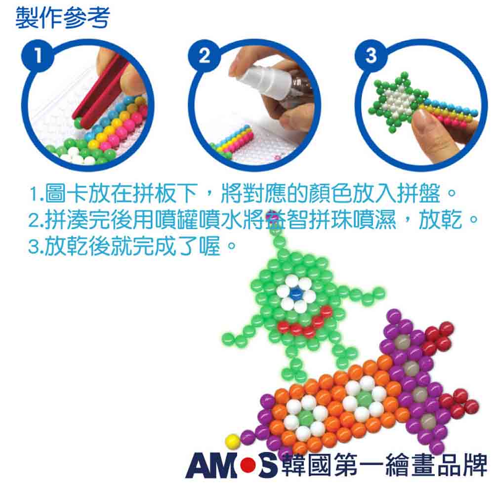 製作參考 1.圖卡放在拼板下,將對應的顏色放入拼盤。 2.拼湊完後用噴罐噴水將厳智拼珠噴濕,放乾。 3.放乾後就完成了喔。 AM S韓國第一繪畫品牌 