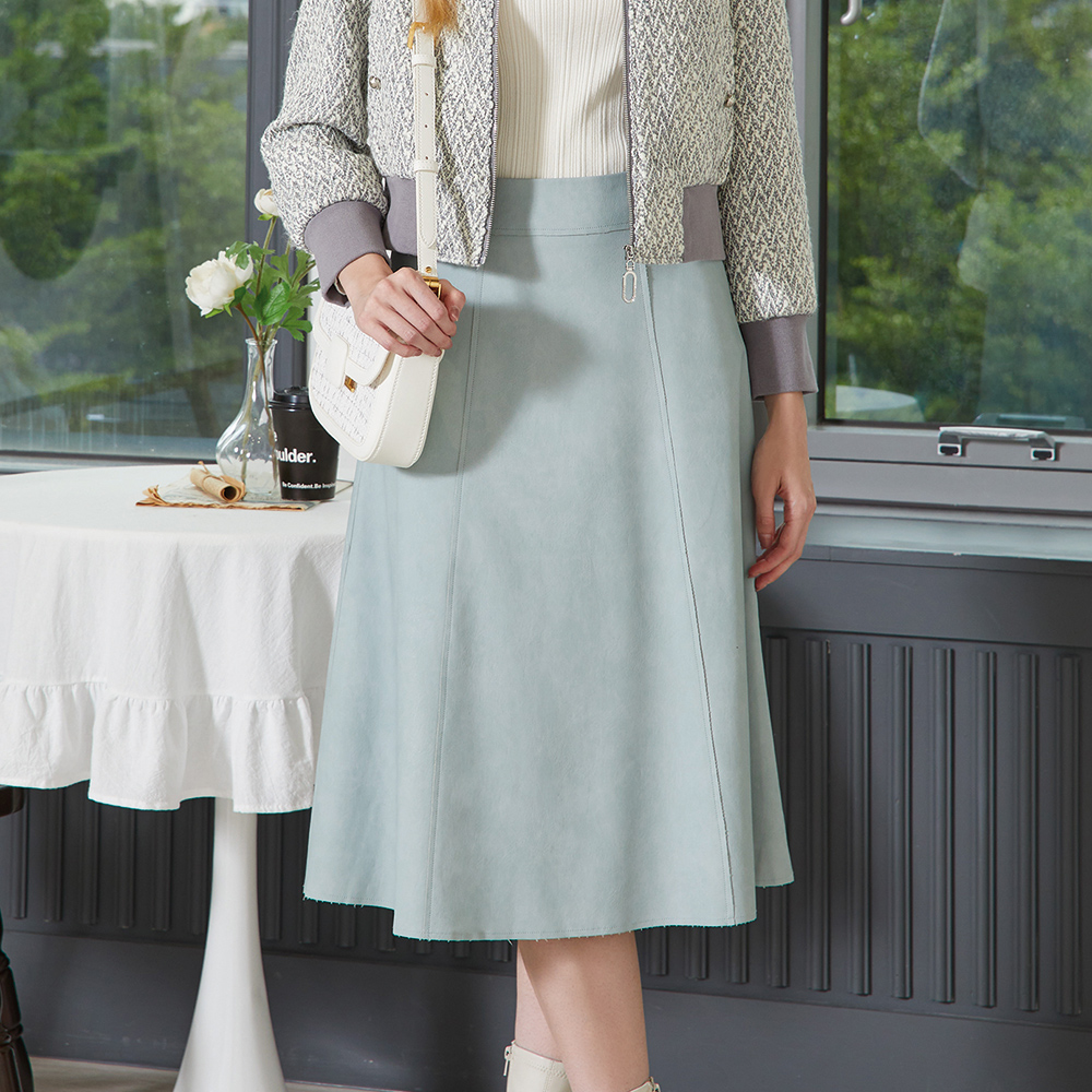 IENA PU皮剪接中長裙(#4232020 中長裙、淺藍色