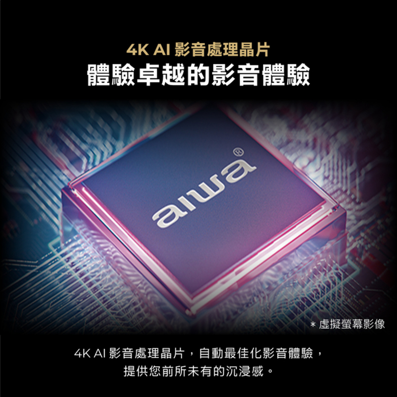 4K AI 影音處理晶片 體驗卓越的影音體驗 4K AI 影音處理晶片,自動最佳化影音體驗, 提供您前所未有的沉浸感。 虛擬螢幕影像 