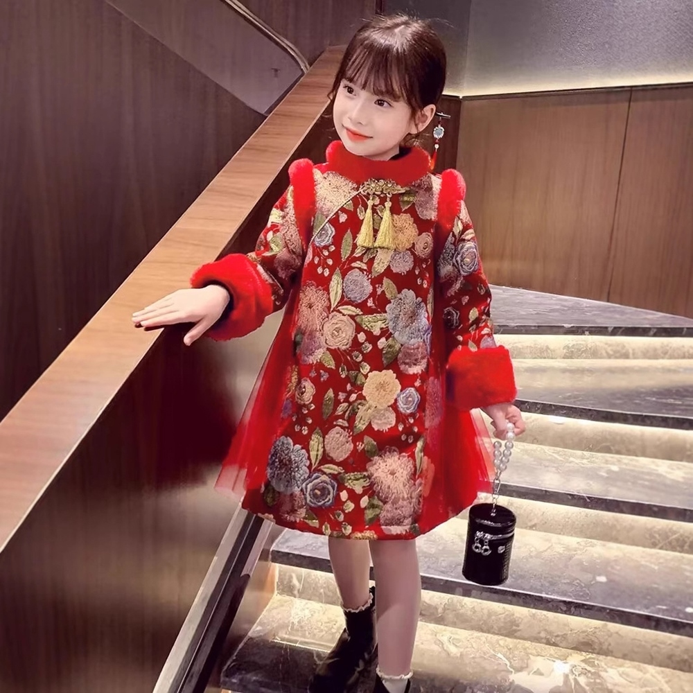 橘魔法 高貴亮金彩色花朵毛領拚紗旗袍洋裝(連身裙 唐裝 旗袍