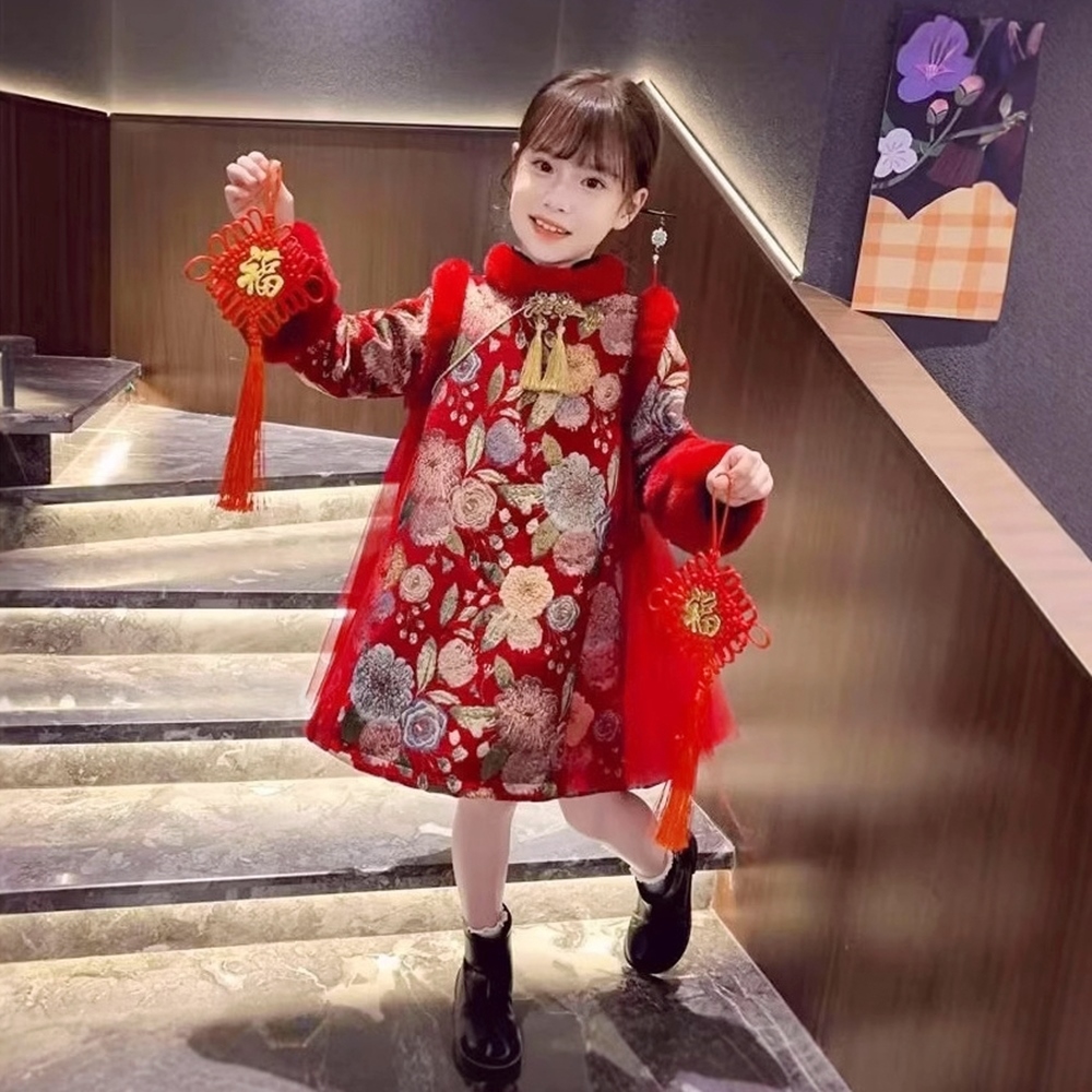 橘魔法 高貴亮金彩色花朵毛領拚紗旗袍洋裝(連身裙 唐裝 旗袍