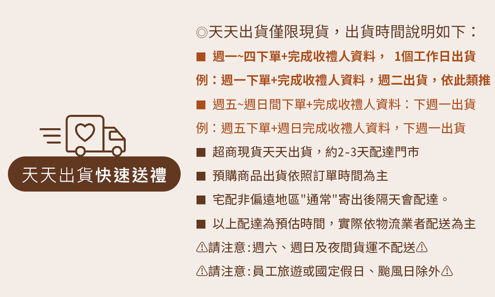 例週一下單完成收禮人資料,週二出貨,依此類推