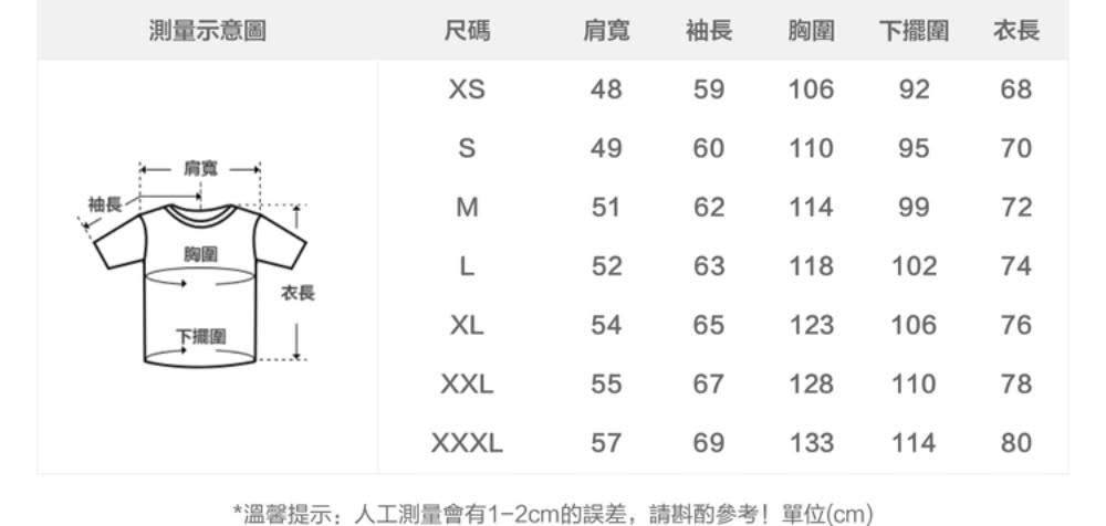 溫馨提示人工測量會有12cm的誤差,請斟酌參考單位cm
