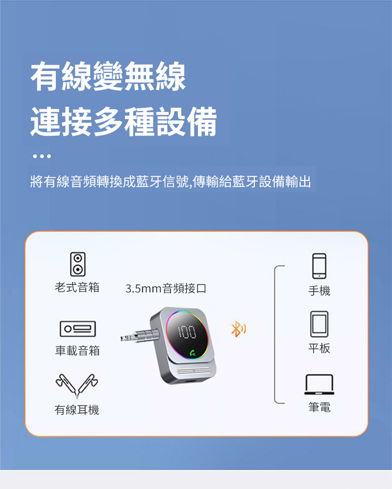 將有線音頻轉換成藍牙信號,傳輸給藍牙設備輸出