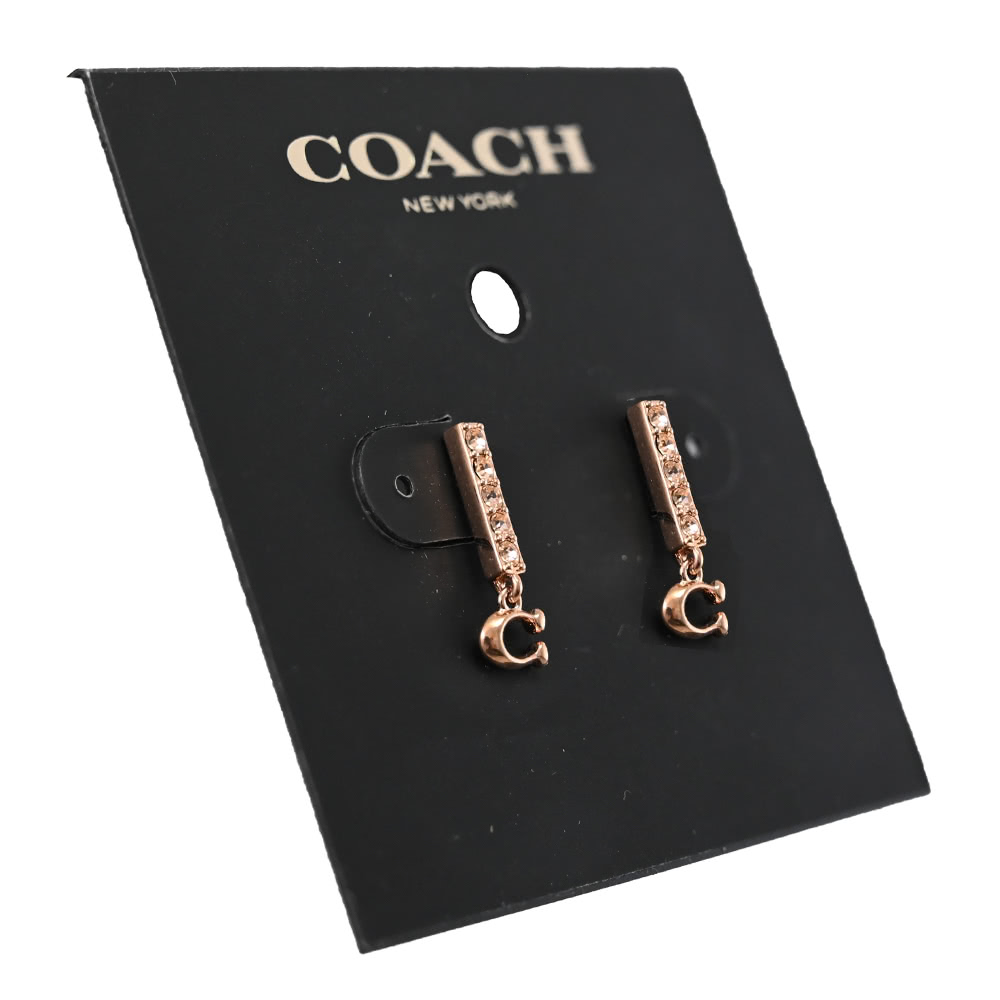 COACH 經典鑲鑽方塊C字LOGO垂墜造型時尚耳環(玫瑰金