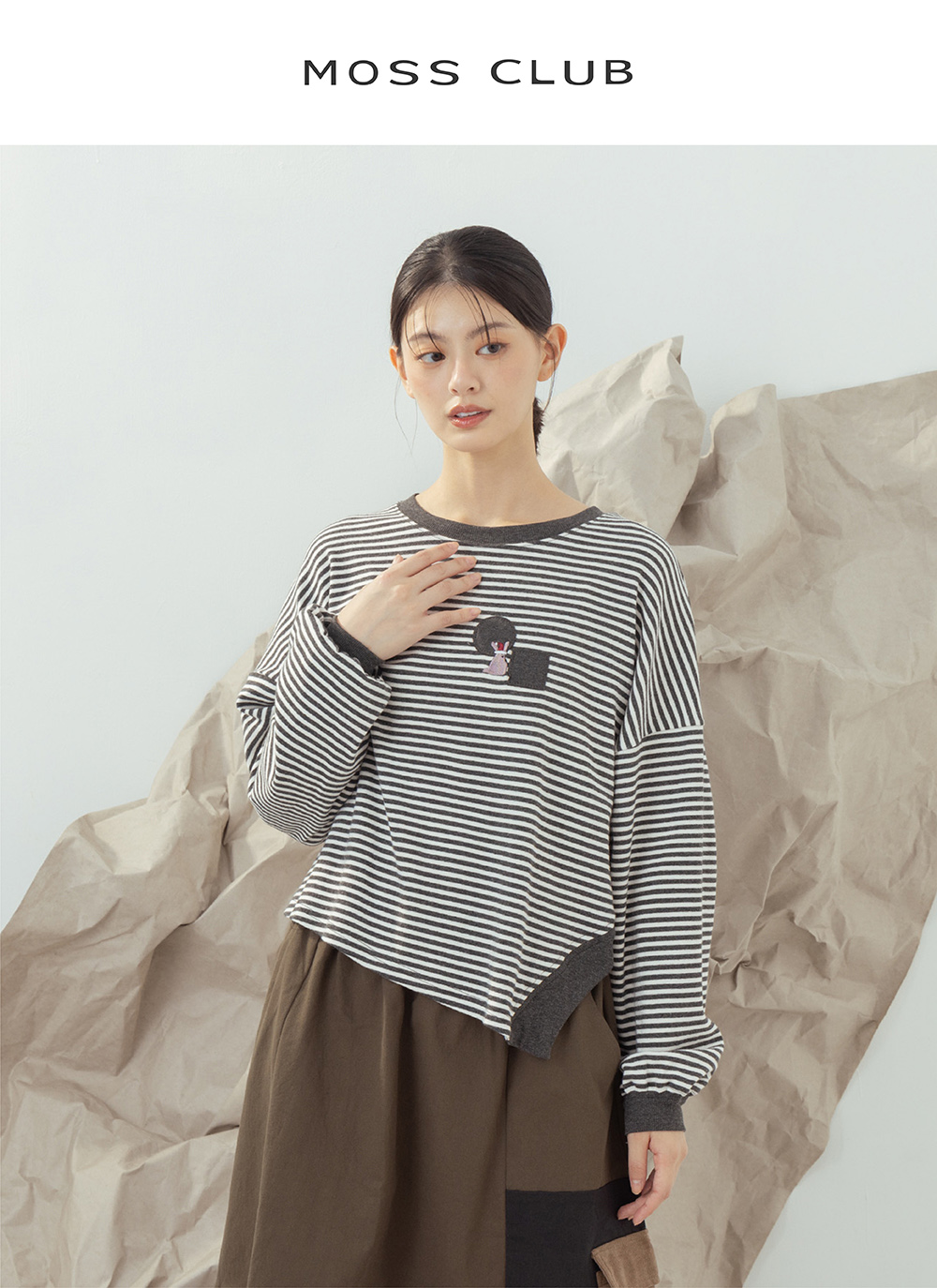MOSS CLUB 可愛聖誕兔兔繡花彈性條紋長袖上衣(灰 黃 MOSS CLUB 可愛聖誕兔兔繡花彈性條紋長袖上衣(灰 黃