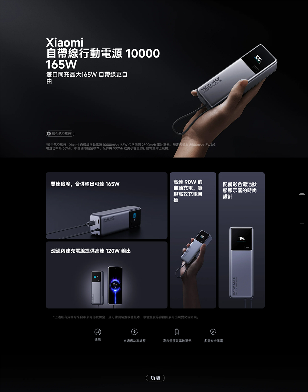 適合航空旅行Xiaomi 自帶線行動電源 10000mAh 165W 包含四個 2500mAh 電池單元,额定容量為 5500mAh 5V4A,