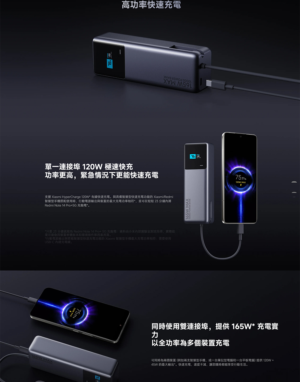 支援 Xiaomi HyperCharge 120W 有線快速充電。與具備智慧型快速充電功能的 XiaomiRedmi