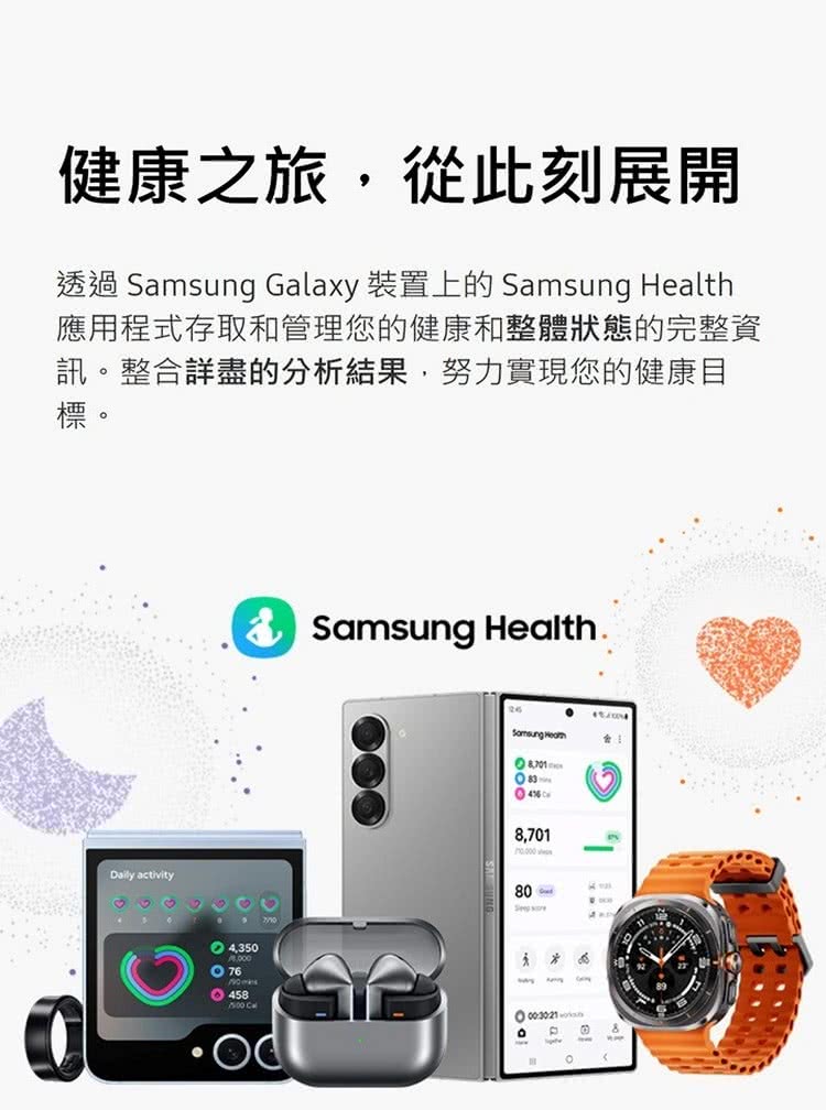 å¥åº·ä¹æ,å¾æ­¤å»å±é éé Samsung Galaxy è£ç½®ä¸ç Samsung Health æç¨ç¨å¼å­ååç®¡çæ¨çå¥åº·åæ´é«çæçå®æ´è³ è¨ãæ´åè©³ç¡çåæçµæ,åªåå¯¦ç¾æ¨çå¥åº·ç® æ¨ã 