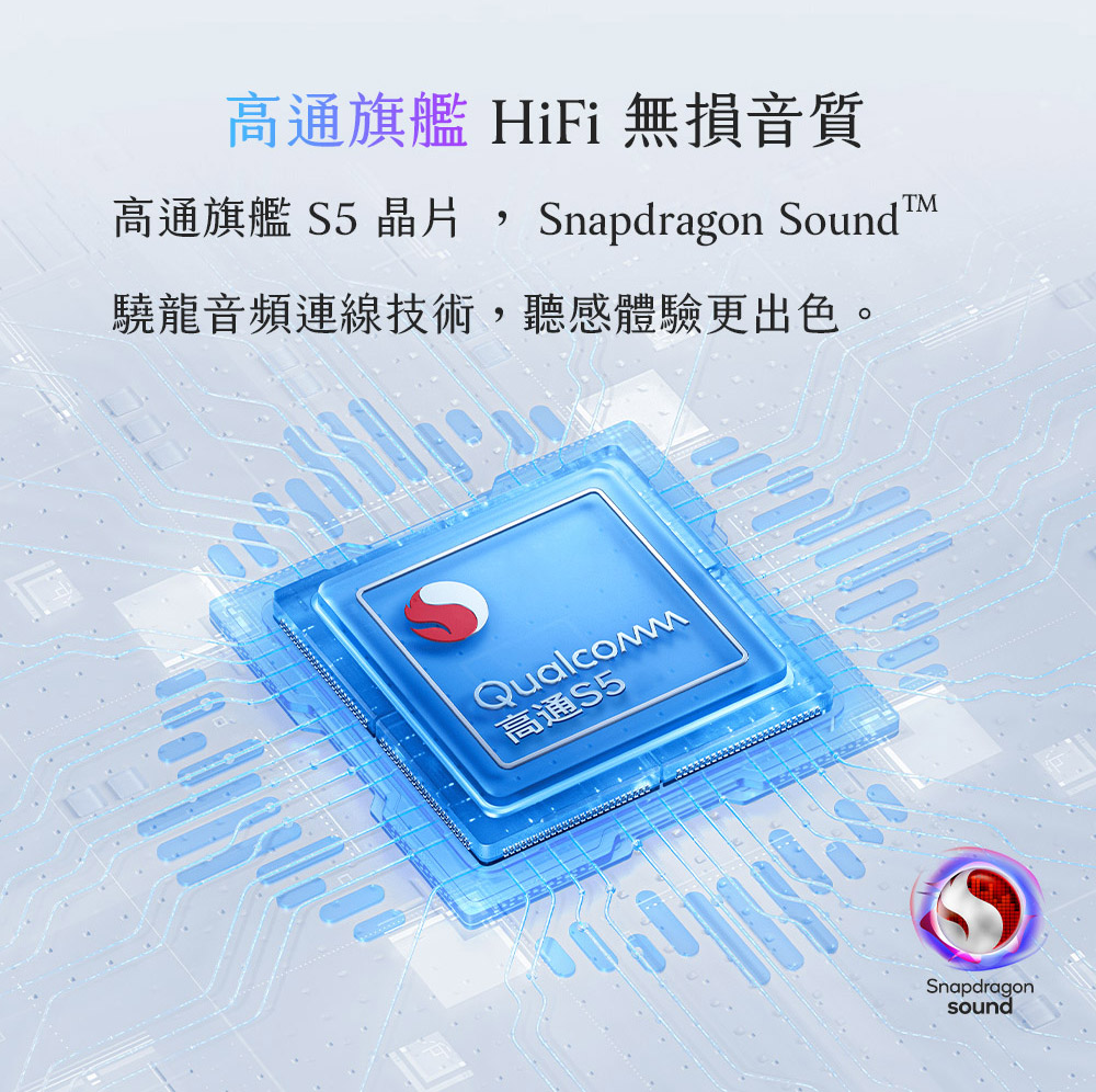 高通旗艦 HiFi 無損音質 高通旗艦 S5 晶片 驍龍音頻連線技術,聽感體驗更出色。 高通S5 