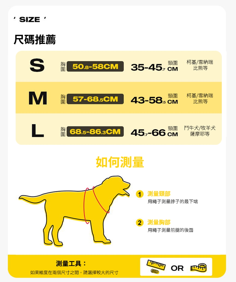 如果維度在兩個尺寸之間,請選擇較大的尺寸