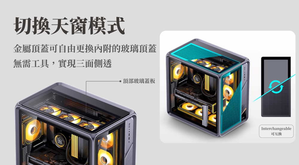 切換天窗模式 金屬頂蓋可自由更換內附的玻璃頂蓋 無需工具,實現三面側透 頂部玻璃蓋板 可互換