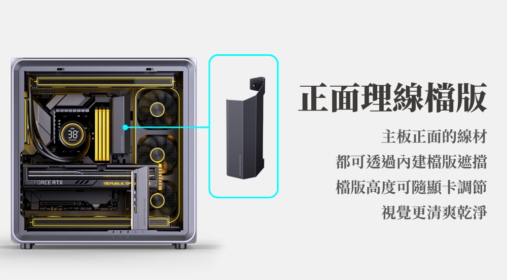 正面理線檔版 主板正面的線材 都可透過內建檔版遮擋 檔版高度可隨顯卡調節 視覺更清爽乾淨