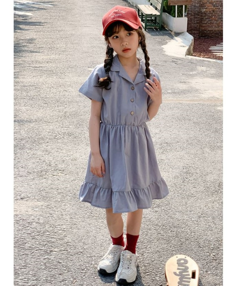 UniKids 現貨 中大童裝160碼短袖洋裝 韓版翻領率性