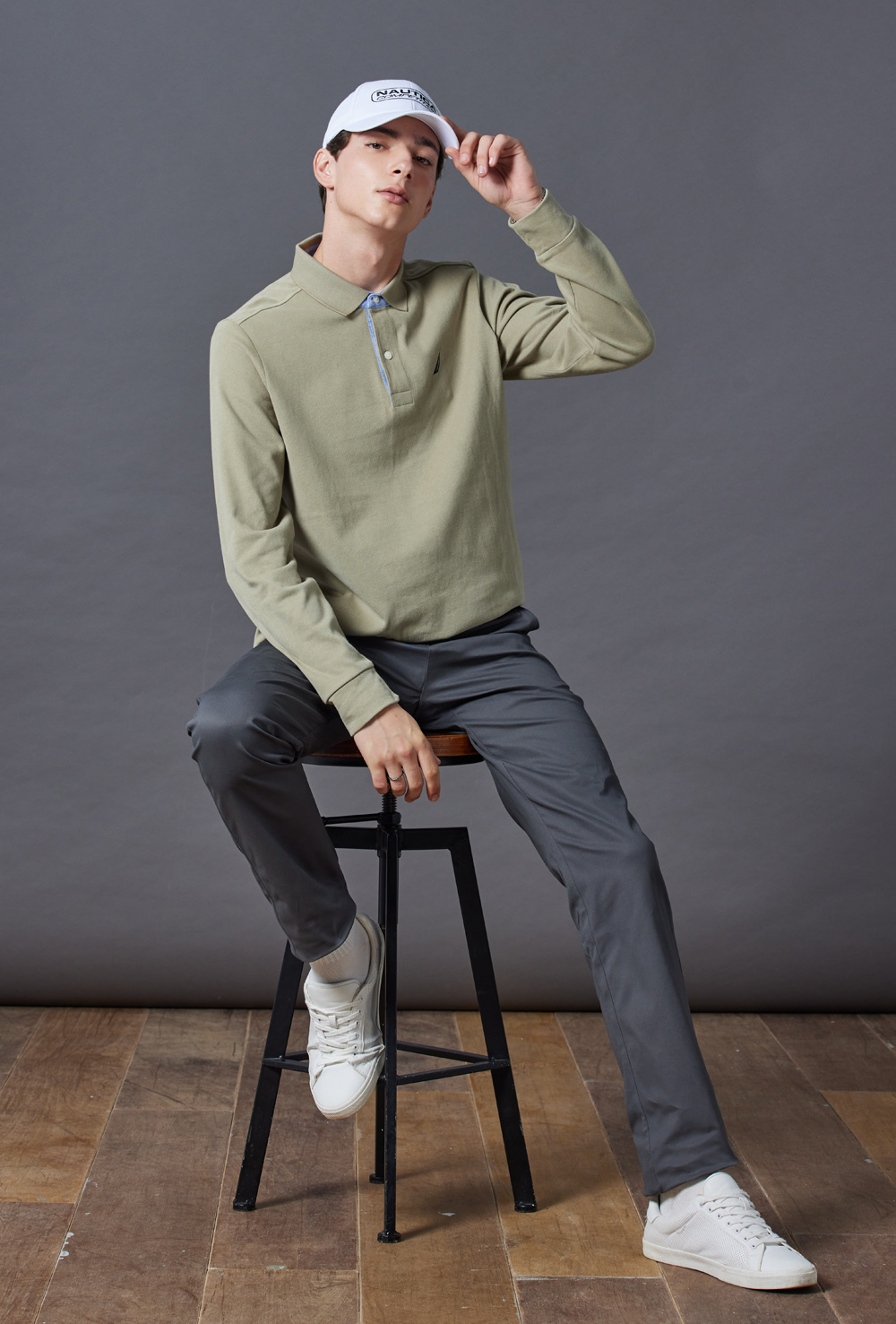 NAUTICA 官方旗艦 男裝 跳色領圍長袖POLO衫(卡其