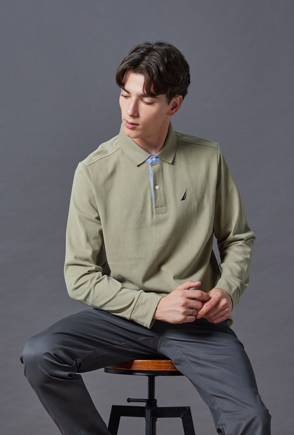 NAUTICA 官方旗艦 男裝 跳色領圍長袖POLO衫(卡其