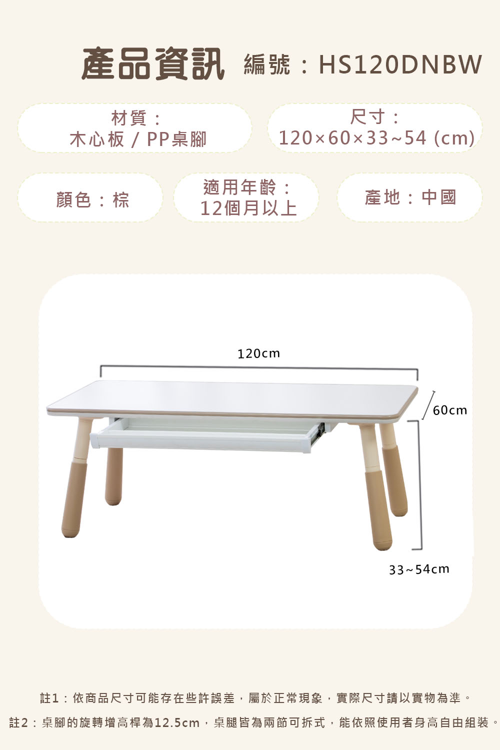註2桌腳的旋轉增高桿為12.5cm,桌腿皆為兩節可拆式,能依照使用者身高自由組裝。