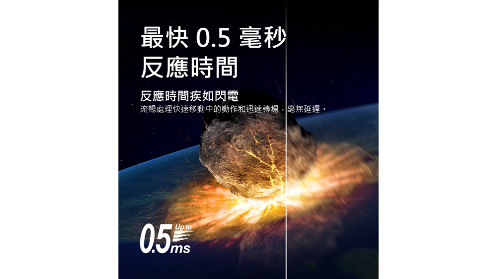 最快 0.5 毫秒 反應時間 反應時間疾如閃電 流暢處理快速移動中的動作和迅速轉場,毫無延遲。 