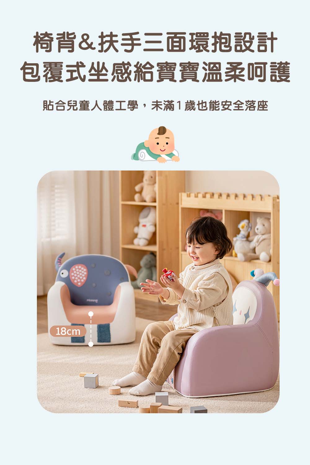 椅背&扶手三面環抱設計包覆式坐感給寶寶溫柔呵護貼合兒童人體工學,未滿1歲也能安全落座18cm®