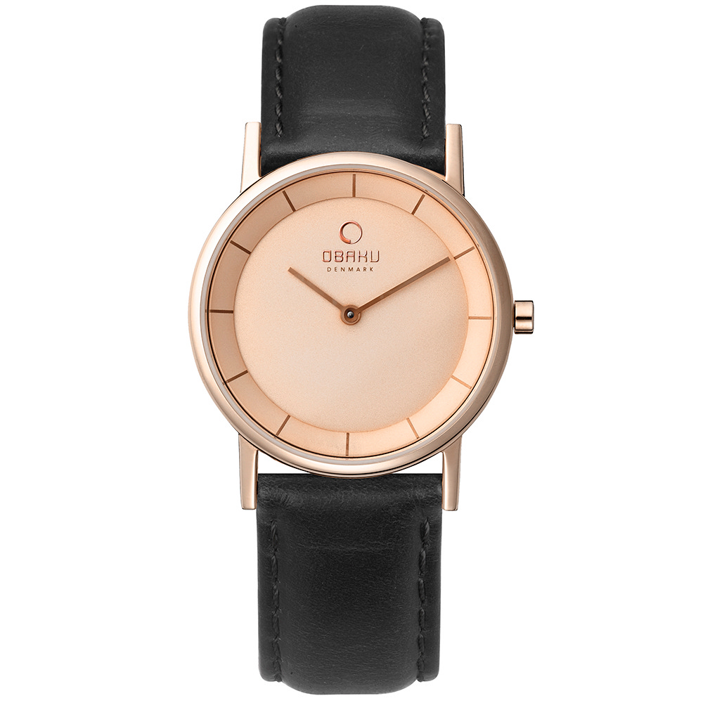 OBAKU 纖薄哲學二針時尚腕錶-黑帶玫瑰金-小(V143L