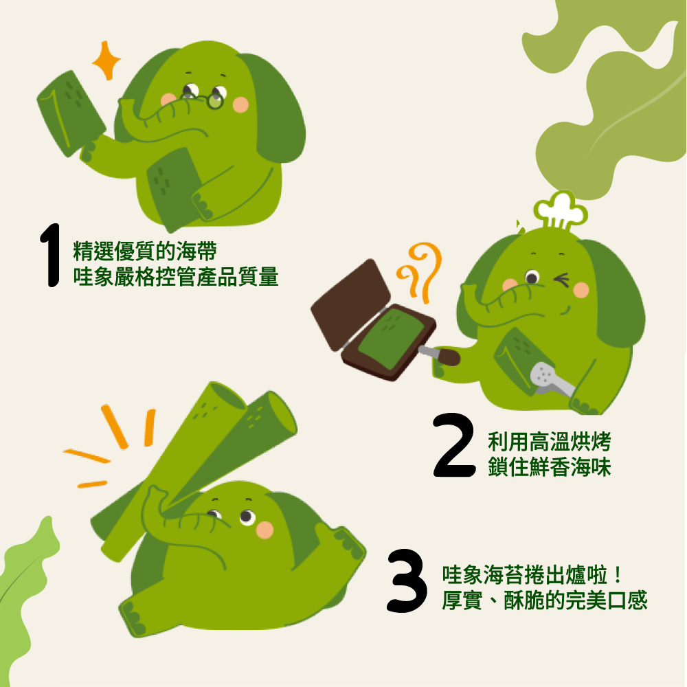 精選優質的海帶 利用高溫烘烤 鎖住鮮香海味 哇象海苔捲出爐啦 厚實、酥脆的完美口感
