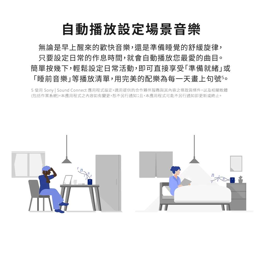 5 使用 Sony  Sound Connect 應用程式設定。適用提供的合作夥伴服務與其內容之條款與條件,以及相關軟體