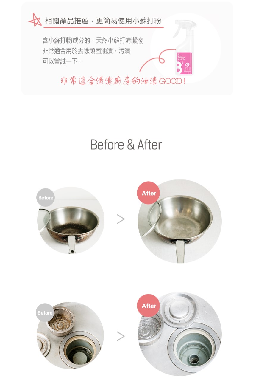 相關產品推薦,更簡易使用小蘇打粉 含小蘇打粉成分的,天然小蘇打清潔液 非常適合用於去除頑固油漬、污漬 可以嘗試一下。 非常適合清潔廚房的油漬GOOD