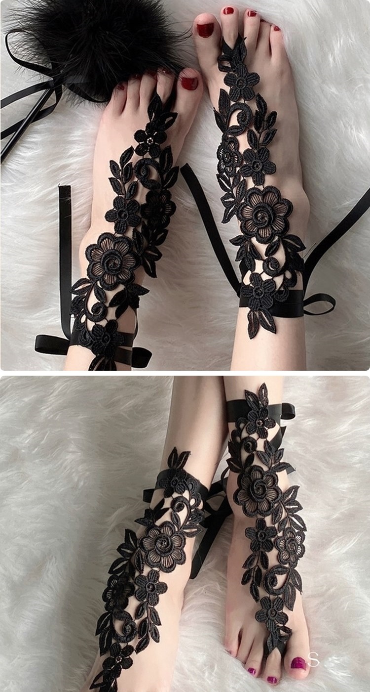 歐香 日系蕾絲裸足涼鞋婚禮刺繡帶趾環美腳襪/足控飾品/角色扮 歐香 日系蕾絲裸足涼鞋婚禮刺繡帶趾環美腳襪/足控飾品/角色扮