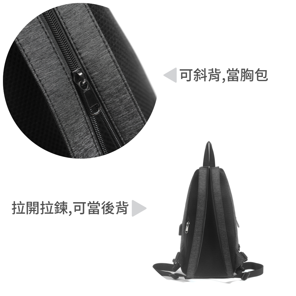 拉開拉鍊,可當後背 可斜背,當胸包 