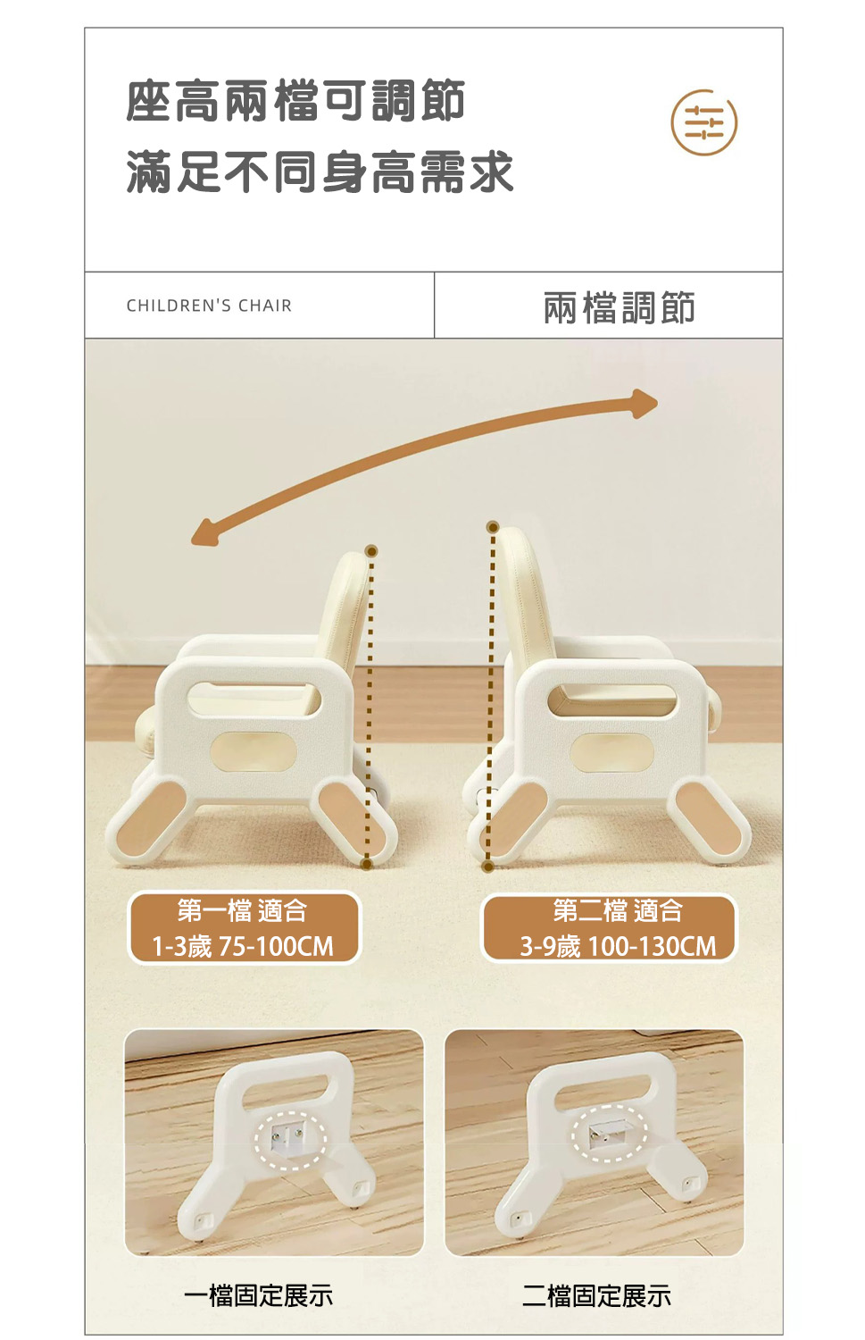 座高兩檔可調節滿足不同身高需求CHILDRENS CHAIR兩檔調節第一檔 適合1-3歲 75-100CM第二檔 適合3-9歲 100-130CM一檔固定展示二檔固定展示