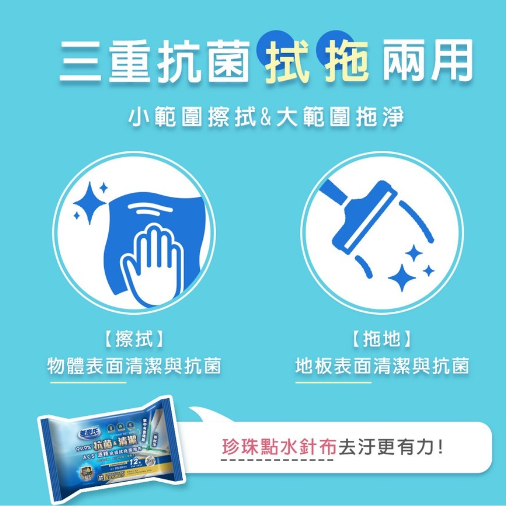 無塵氏 ACS酒精抗菌濕拖兩用布12包+立體除塵拖把(地板溼