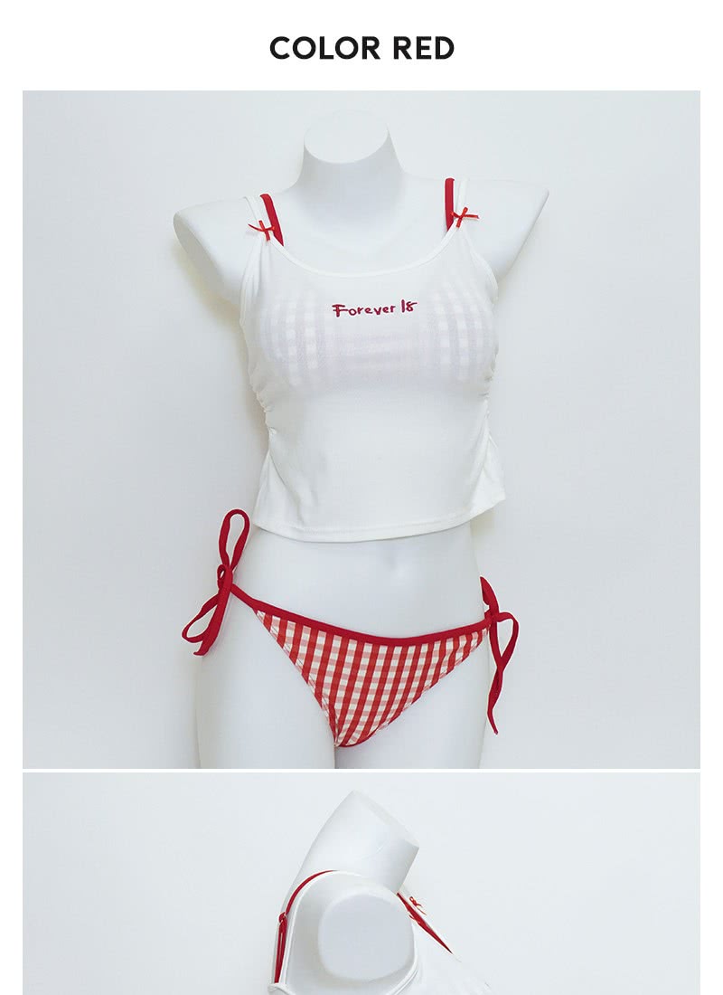 SeasonsBikini 格紋小背心三件套泳衣-357(紅