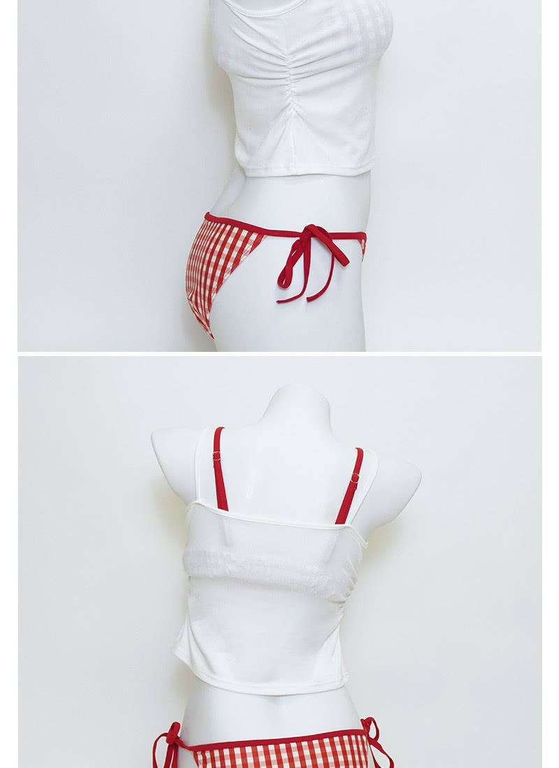 SeasonsBikini 格紋小背心三件套泳衣-357(紅