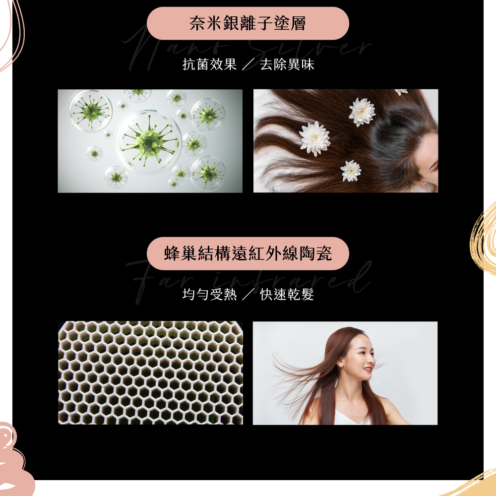 奈米銀離子塗層 抗菌效果  去除異味 蜂巢結構遠紅外線陶瓷 均勻受熱  快速乾髮 