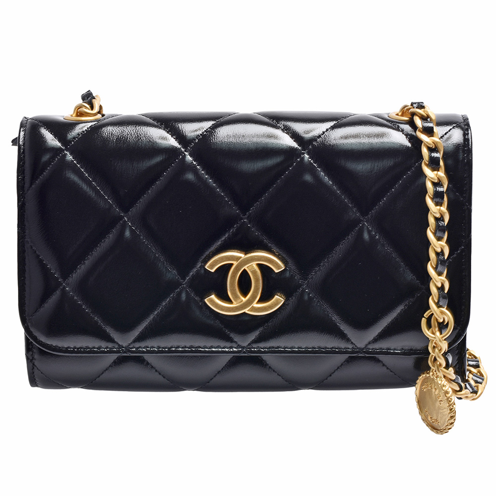 CHANEL 香奈兒 經典品牌LOGO菱格紋亮面小牛皮金幣金