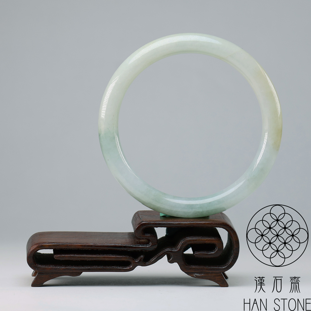 漢石齋 天然翡翠A貨 圓條手鐲玉鐲 飄花種帶黃翡(手圍18.