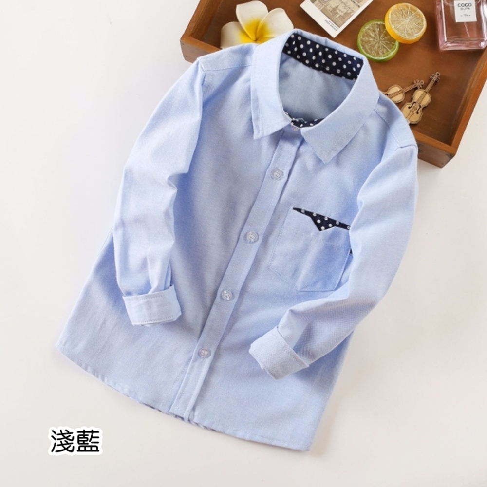 橘魔法 長袖深藍點點滾邊小口袋襯衫(畢業典禮 表演 襯衫 花