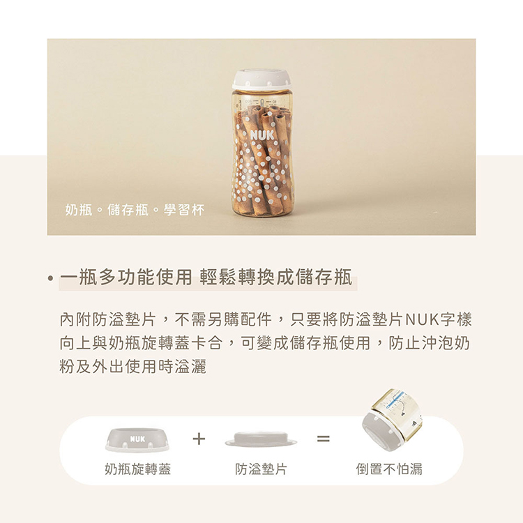 內附防溢墊片,不需另購配件,只要將防盜墊片NUK字樣
