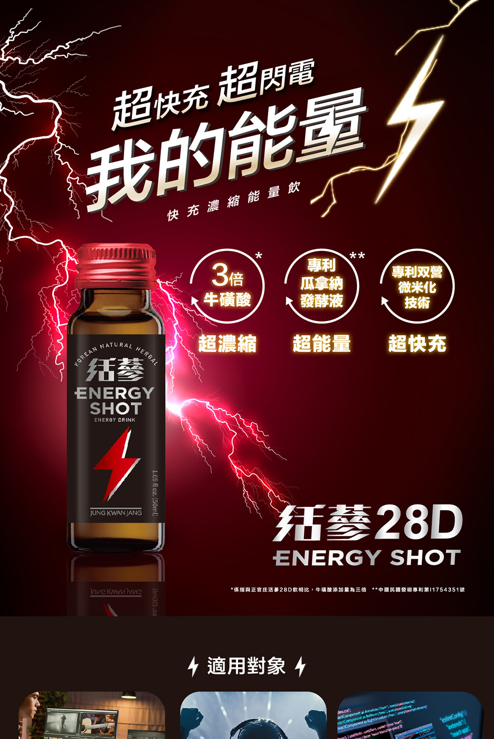 保指與正官庄活蔘28D飲相比,牛磺酸添加量為三倍 中國民國發明專利第11754351號