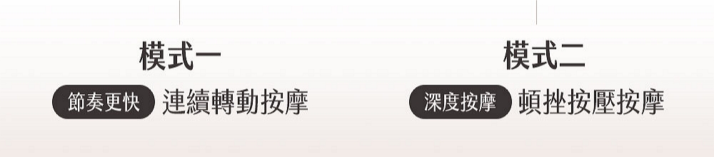 模式一 節奏更快 連續轉動按摩 模式二 深度按摩 頓挫按壓按摩 