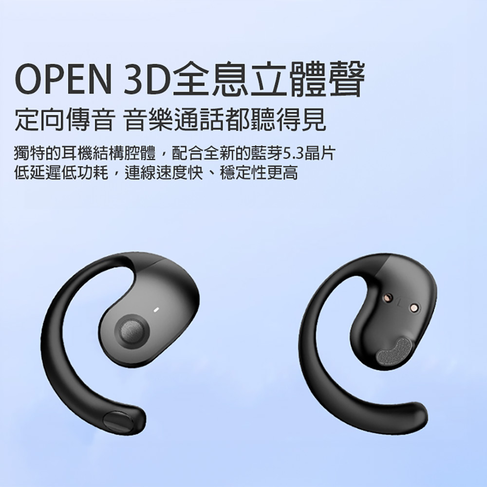 OPEN 3D全息立體聲 定向傳音 音樂通話都聽得見 獨特的耳機結構腔體,配合全新的藍芽5.3晶片 低延遲低功耗,連線速度快、穩定性更高 