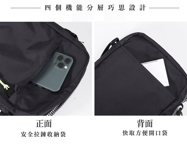 四個機能分層巧思設計 正面 背面 安全拉鍊收納袋 快取方便開口袋 